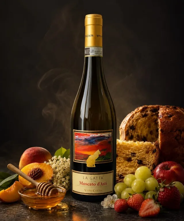 Botella de Moscato d'Asti La Gatta entre duraznos, miel y flores de saúco