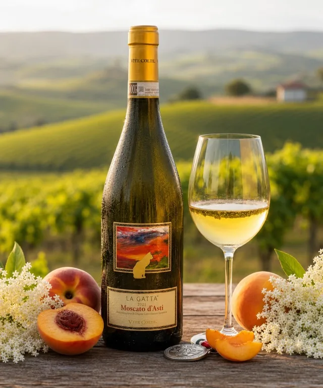 Moscato d'Asti servido en copa frente a un viñedo del Piemonte